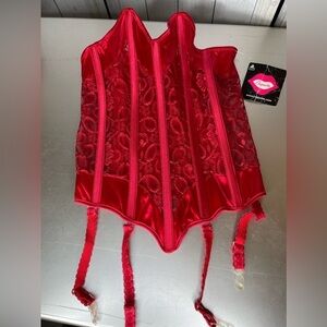 Coquette Corset Red Lingerie Boned Lace Ruffle Adjustable Boustier Medium